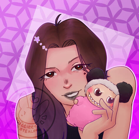 Drawing of aztrosist holding a labubu version of apandah
